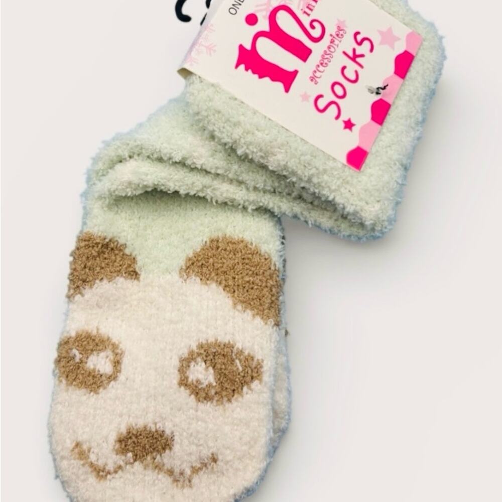Panda Bear‎ Face Fuzzy Crew Socks White Black Warm Cozy Fluffy